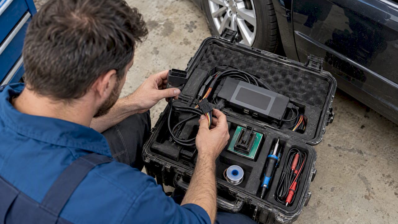 Speed Limiter Removal: Vmax Checks And U.s. Rules Speed Limiter Removal: Illustration Of A Technician Preparing Diagnostic And Programming Equipment