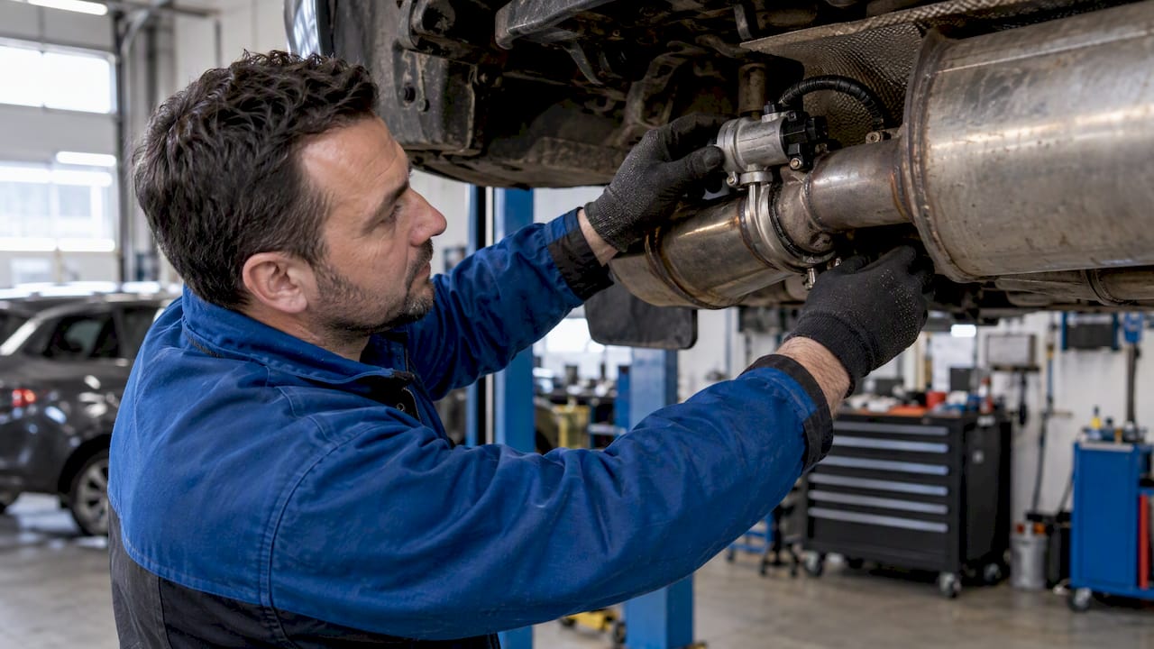 Exhaust Flap Control: Diagnosis And Calibration Checks Exhaust Flap Control: Technician Inspecting Exhaust Hardware Beneath A Vehicle