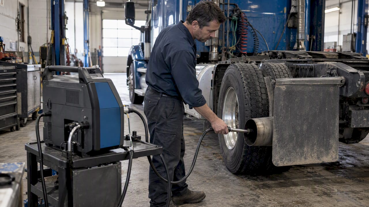 Emissions Compliant Tuning: Evidence And U.s. Checks Emissions Compliant Tuning: Technician Positioning An Exhaust Measurement Probe On A Truck