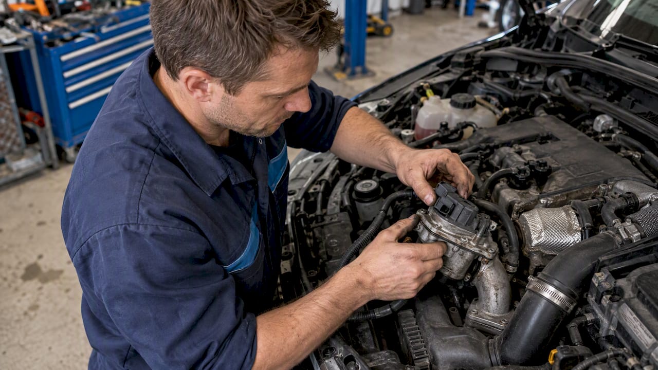 Egr Off Tuning: Software, Hardware And Diagnostic Limits Egr Off Tuning: Technician Inspecting An Egr Assembly In The Engine Bay