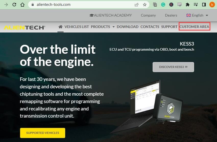 Alientech KESS3 registration step 1 - customer area
