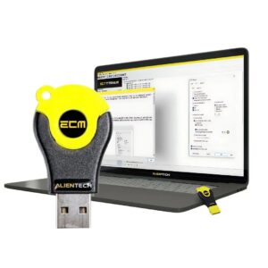 Alientech ECM Titanium USB hardware dongle with the calibration software running on a laptop