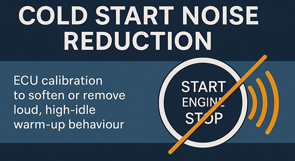Kaltstartgeräuschreduzierung ECU-Kalibrierungsbanner mit Motorstartsymbol und gedämpften Schallwellen